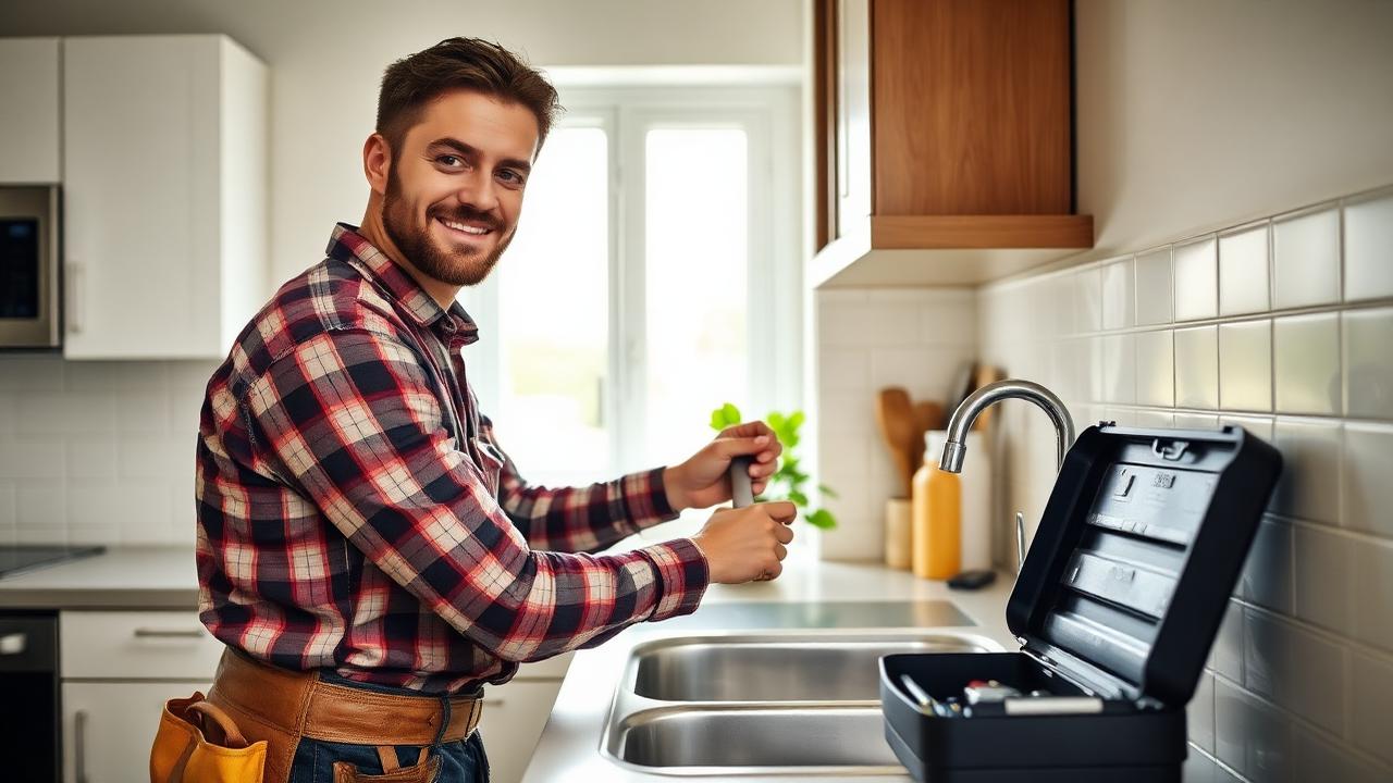 Skilled handyman in tool belt repairing a kitchen sink in a modern home with toolbox open beside him and natural daylight