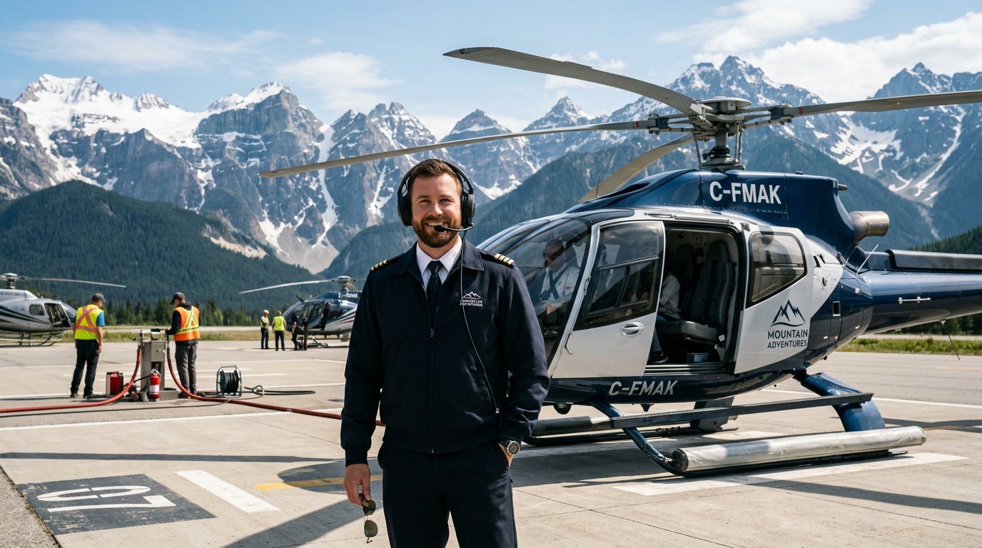 A professional helicopter pilot in a headset stands by a sleek aircraft on a mountain helipad during a sunny sightseeing tour.