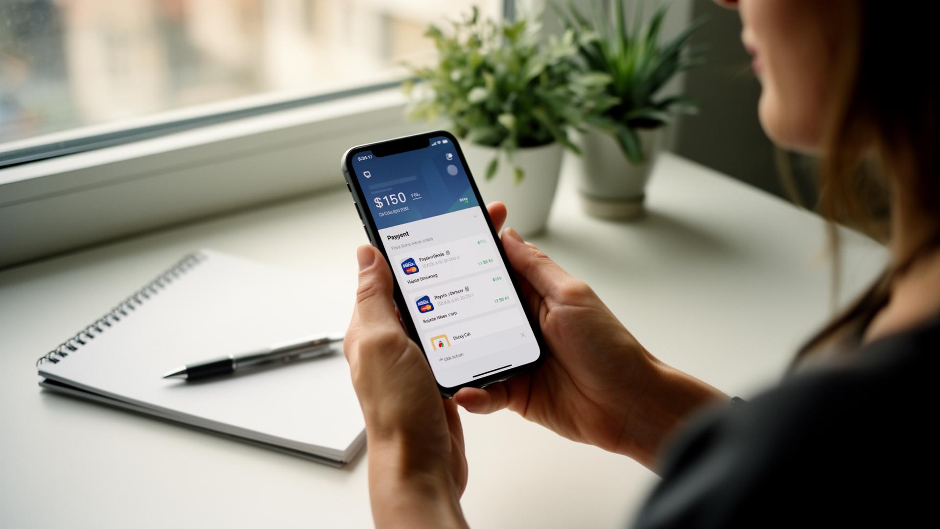 Service worker holding a smartphone with a generic payment app open at a minimal desk, reviewing privacy settings