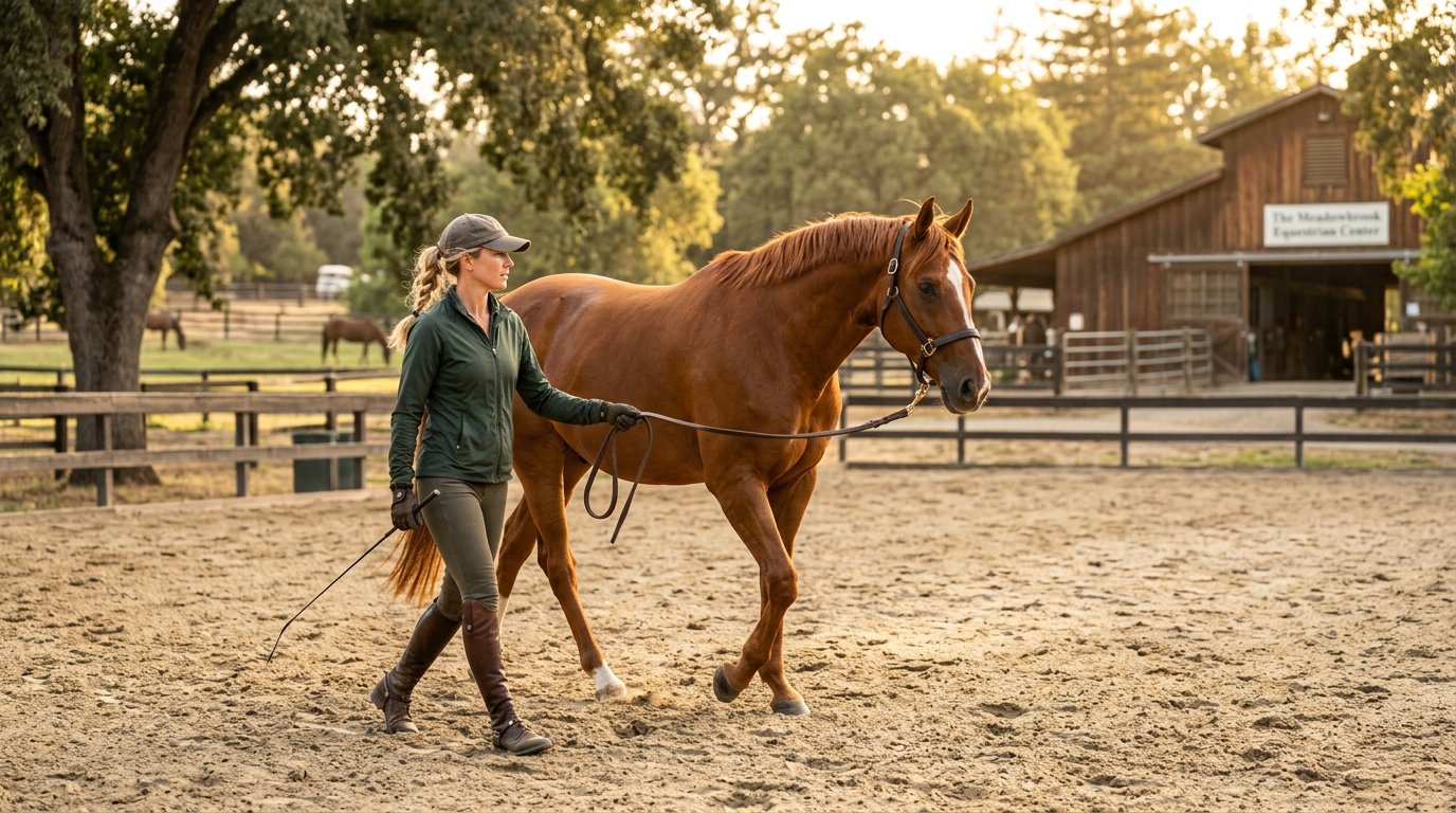 Professional trainer leading a chestnut horse in a golden hour arena, photojournalistic style with sun-drenched equestrian scenery.