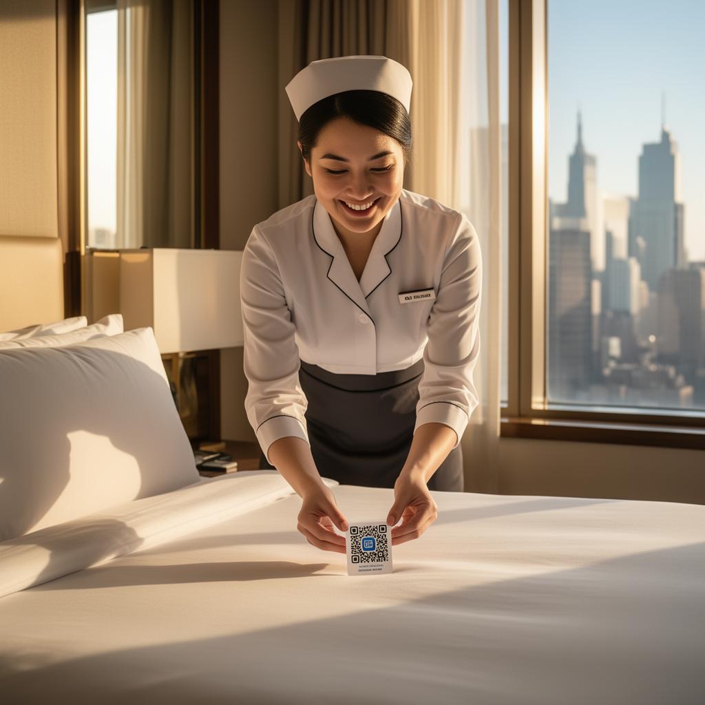 Hotel housekeeper placing a branded QR tip card on a freshly made luxury hotel bed