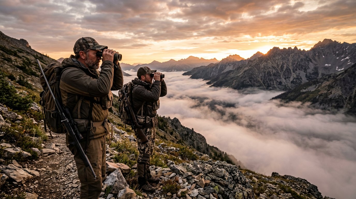 Professional hunting guide and client glassing a mountain ridgeline at sunrise, overlooking a misty valley in high-quality 4k resolution.