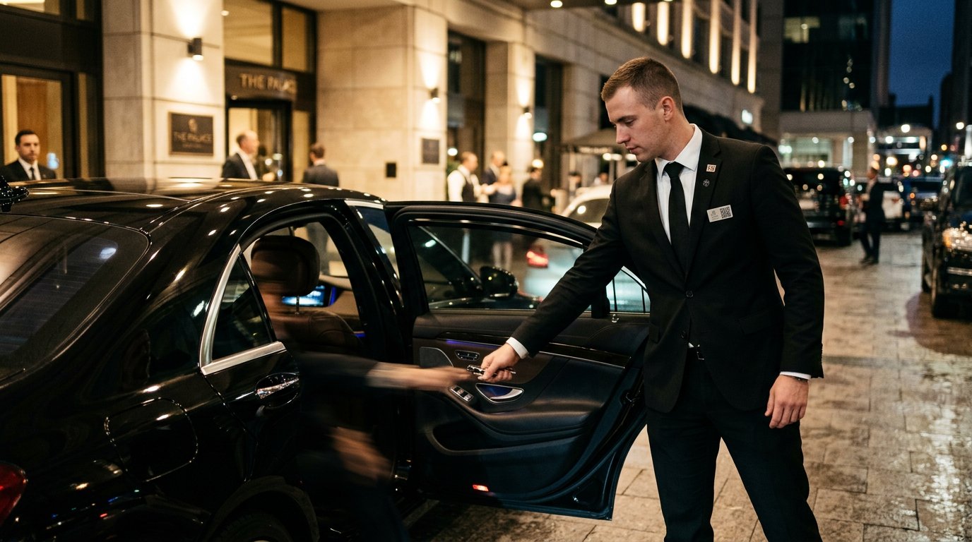 Professional chauffeur in a black suit opening a luxury sedan door at a night hotel valet, featuring cinematic lighting and sharp details.