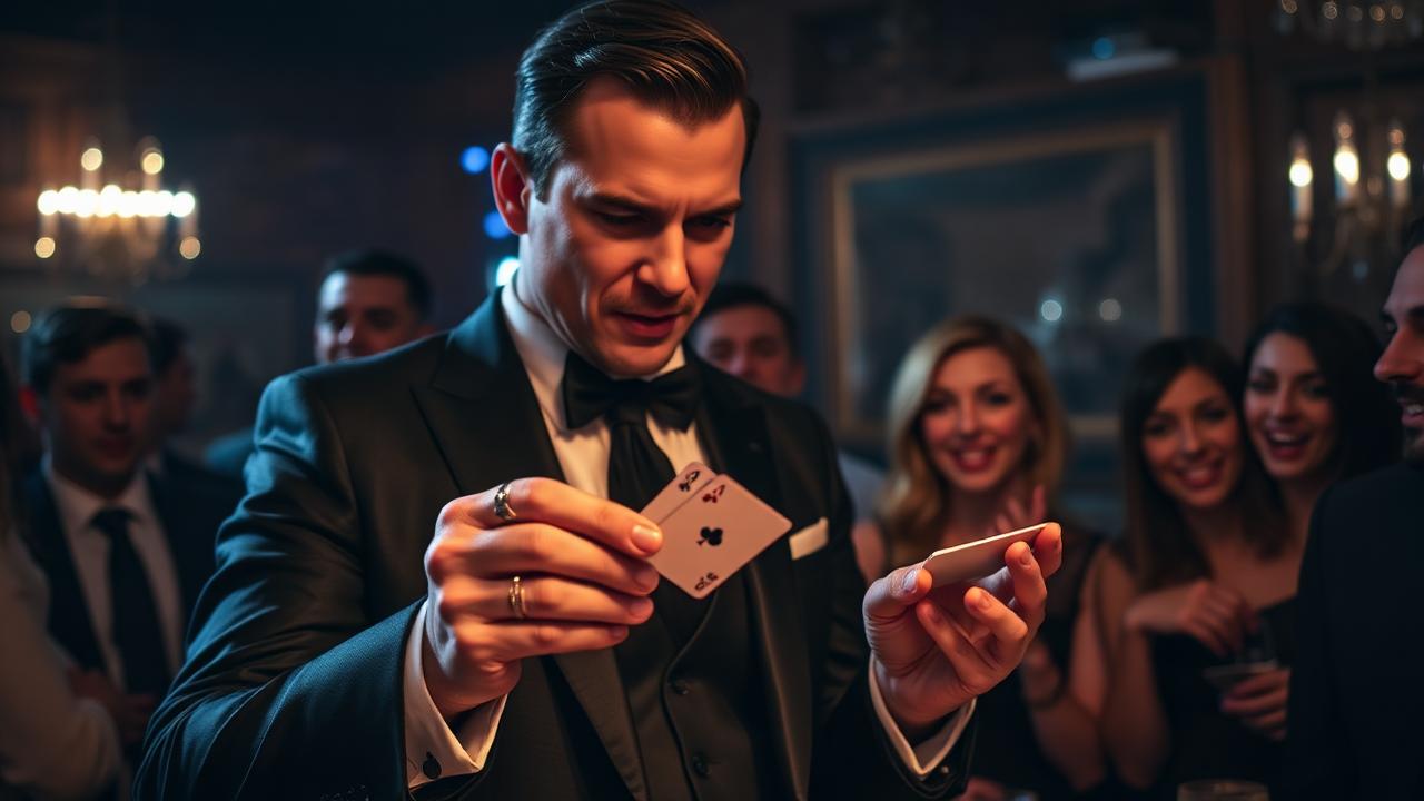 Charismatic close-up magician in a sharp suit performing a card trick for an amazed small group at an upscale event with moody lighting