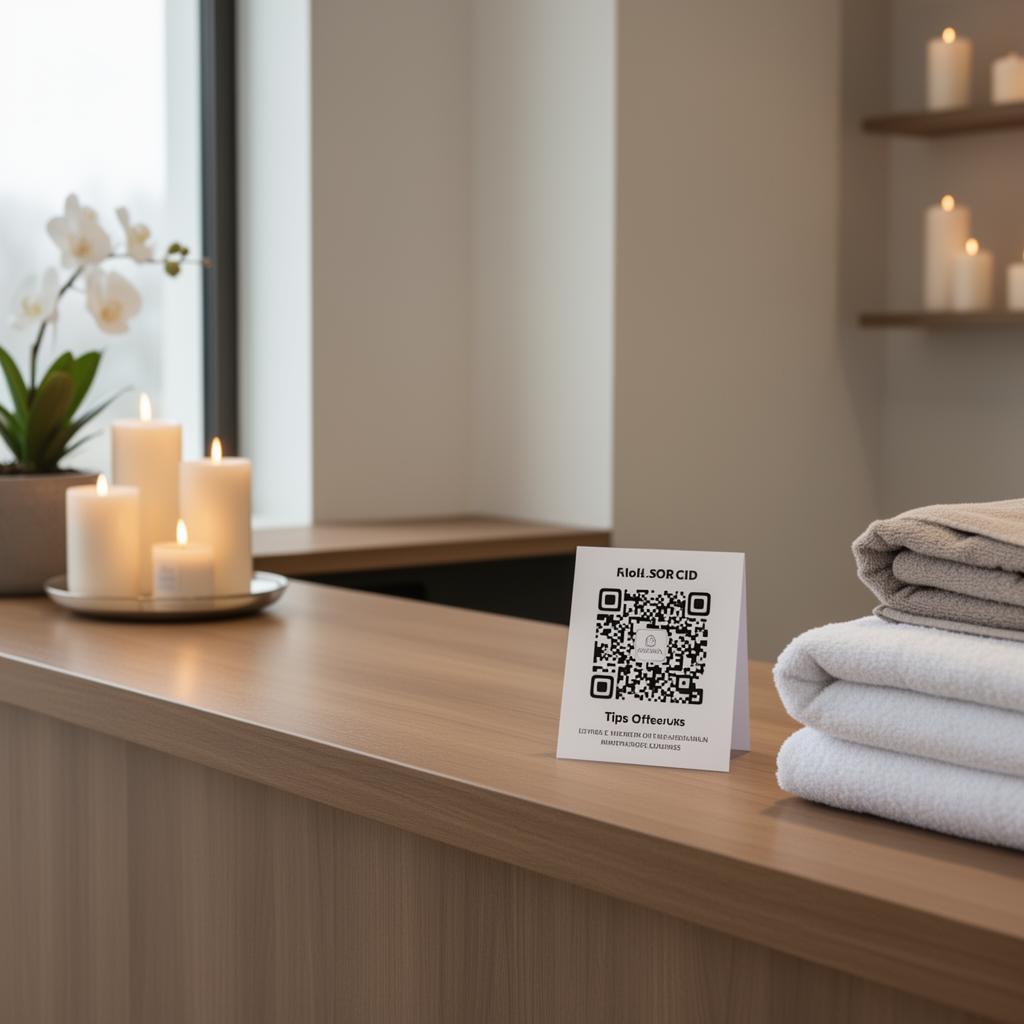 Relaxing spa environment with a small QR code card on the checkout counter for tipping your massage therapist