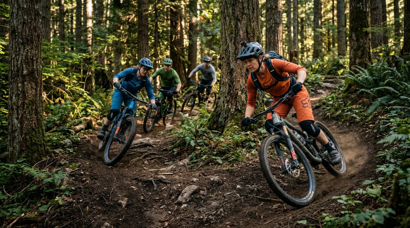 A mountain bike guide leads a cycling group down a forest singletrack trail during a guided MTB tour in warm afternoon sunlight.