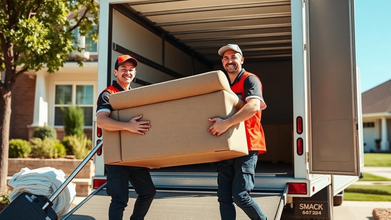 Two professional movers in matching uniforms carrying a couch out of a moving truck at a suburban home on a sunny day