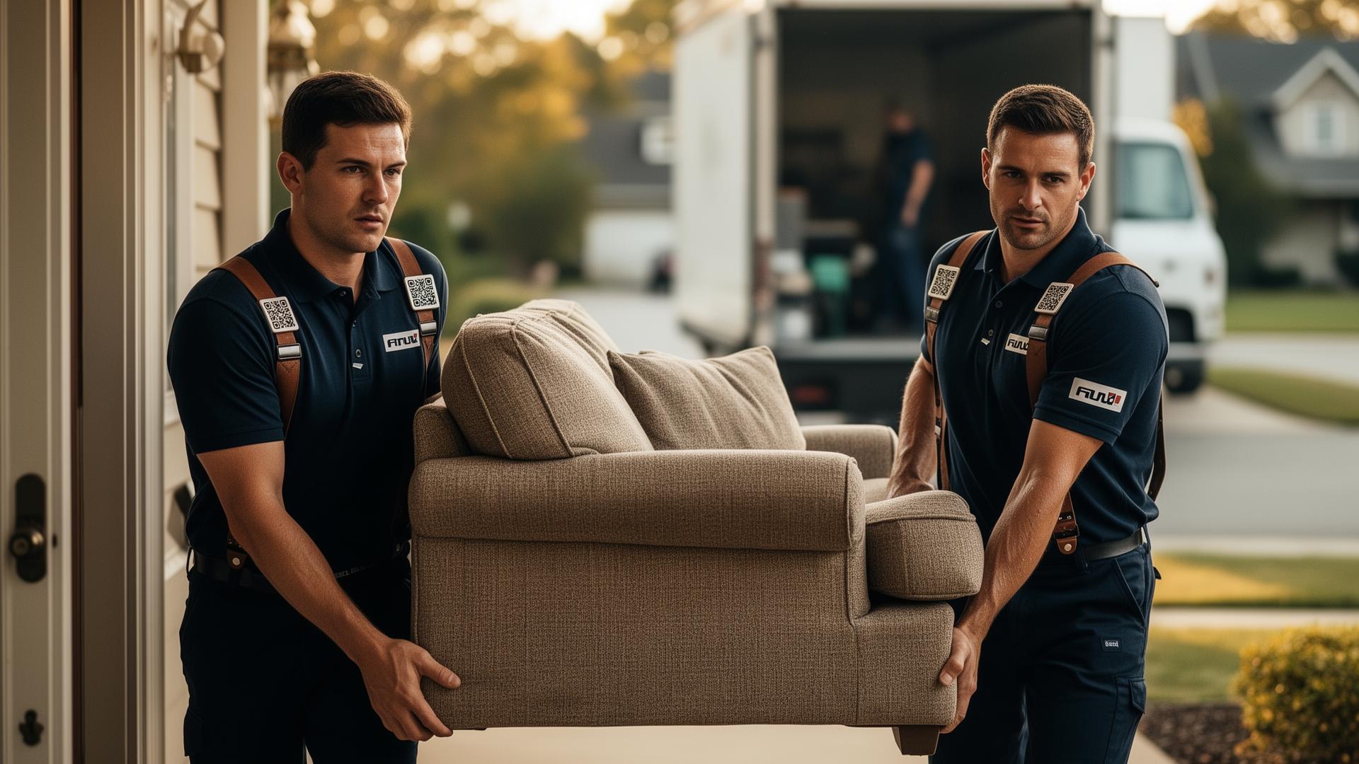 Moving crew loading a truck with branded QR card on the dispatch clipboard