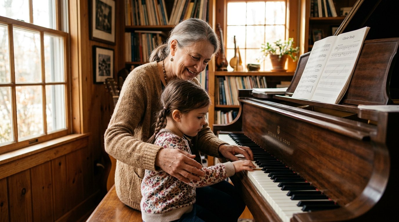 Professional piano teacher gently guiding a young student's hands on a baby grand piano in a sunlit, cozy home music studio.