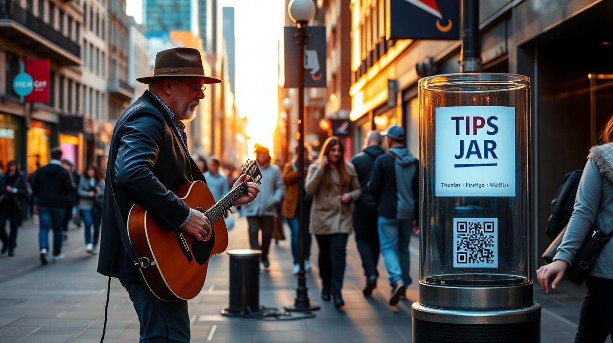 Street musician playing guitar on a city sidewalk with a digital tip jar QR code sign and crowds walking by