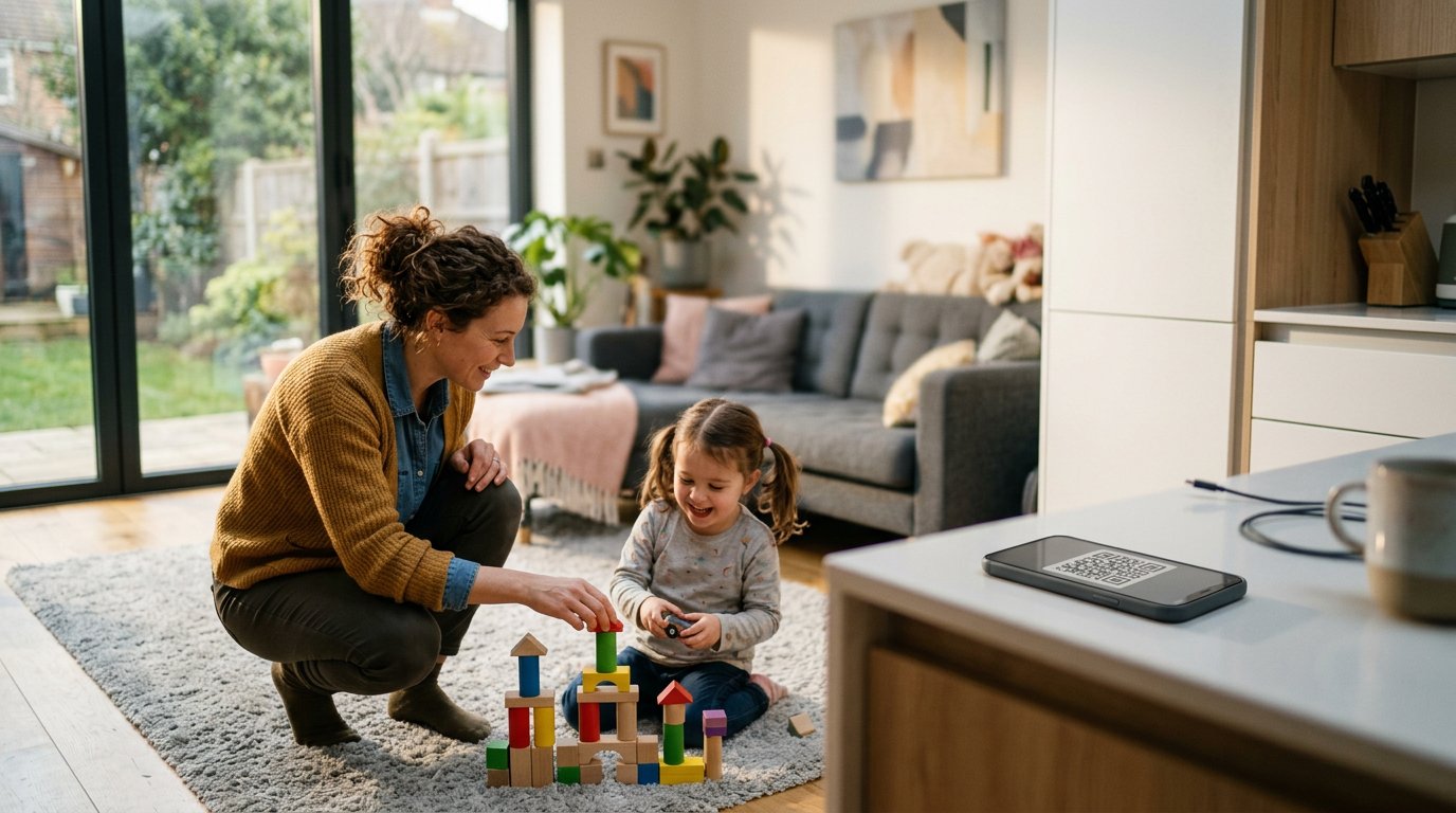 A professional nanny plays with a child in a sunny living room while a smartphone displaying a payment QR code sits on a nearby counter.