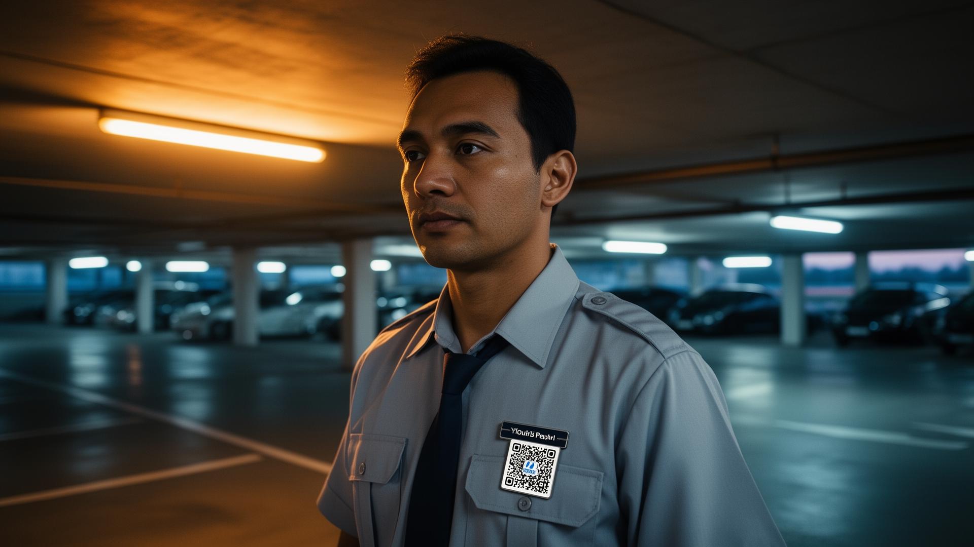 Parking garage attendant in branded uniform with QR pin