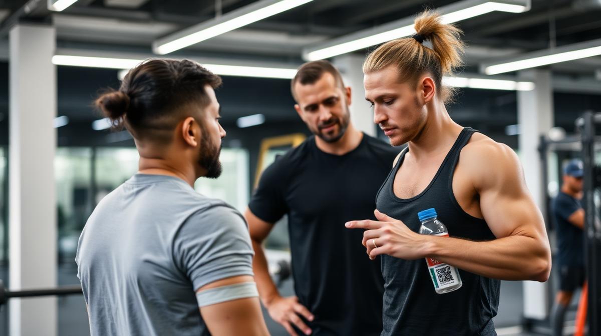 Personal trainer coaching a client in a modern gym with a QR code visible on a water bottle