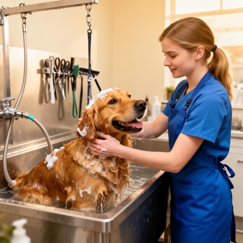 Professional pet groomer washing a happy golden retriever in a stainless steel grooming tub at a bright salon