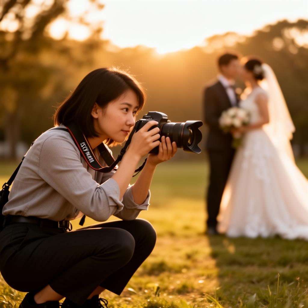 Professional photographer crouching to photograph a wedding couple outdoors during golden hour