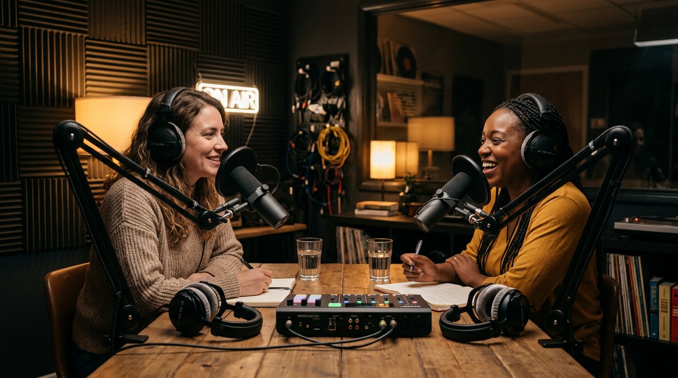 Two podcasters recording in a warm, amber-lit studio with pro microphones and acoustic panels, captured in a high-detail cinematic style.