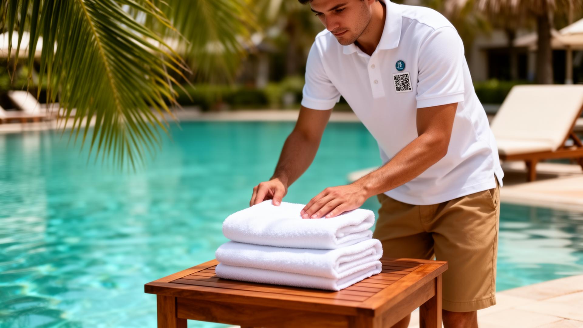 Pool cabana attendant delivering drinks to members with QR card on the tray
