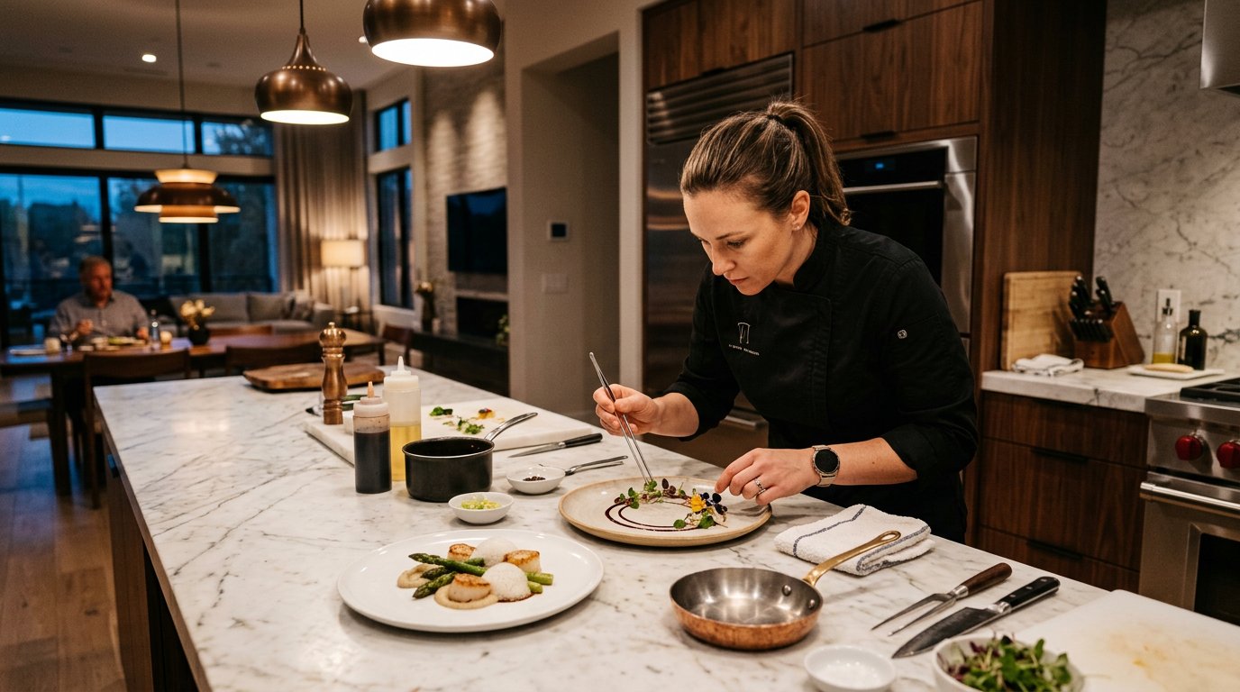 A professional private chef carefully plating a gourmet tasting course on a marble kitchen island under warm, elegant pendant lighting.