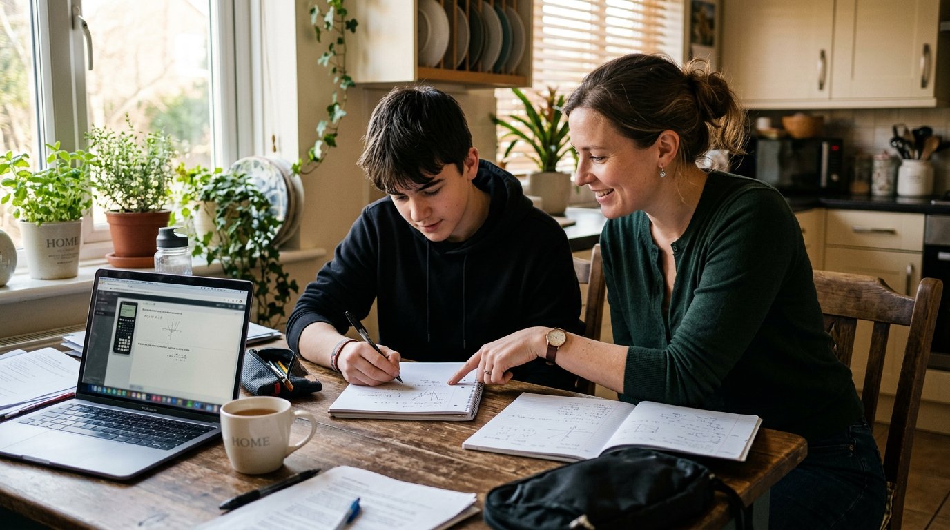 Private tutor helping a high-school student solve a math problem at a kitchen table with a laptop and notebooks in warm afternoon light.