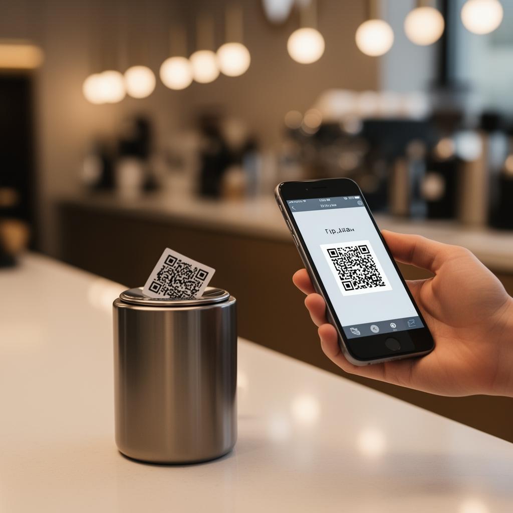Smartphone scanning a QR code on a tip jar at a modern cafe counter for contactless tipping