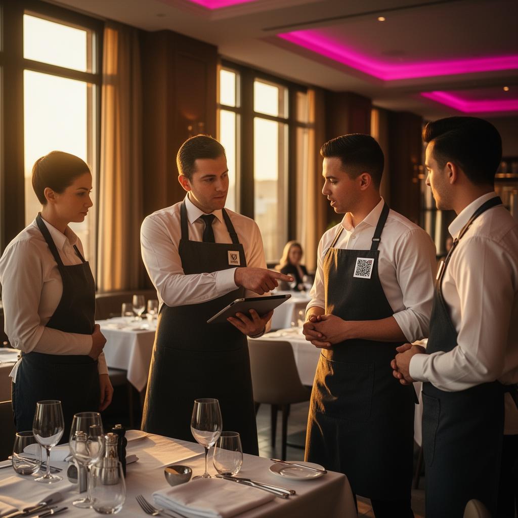Restaurant manager training front-of-house staff on QR code tipping at a fine dining restaurant