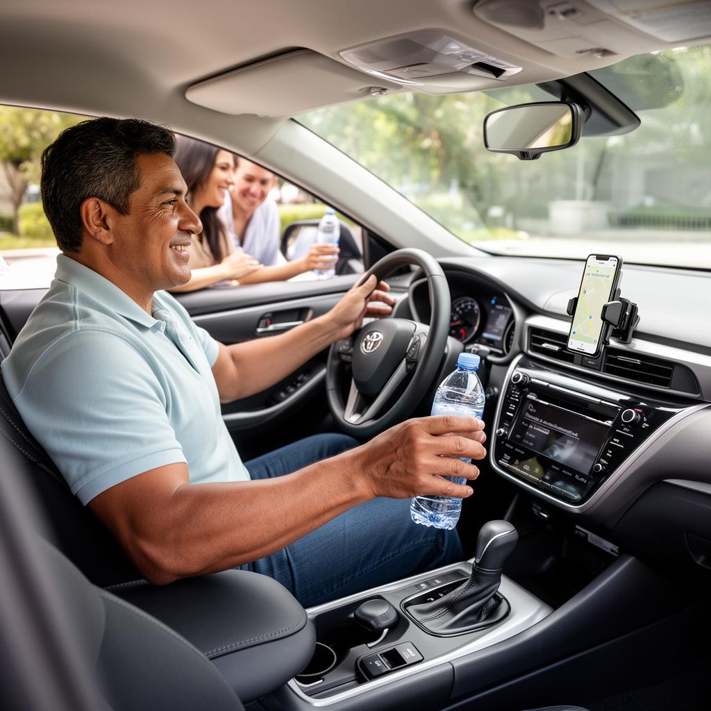 Rideshare driver in a clean sedan offering a water bottle to passengers with a phone mount showing navigation