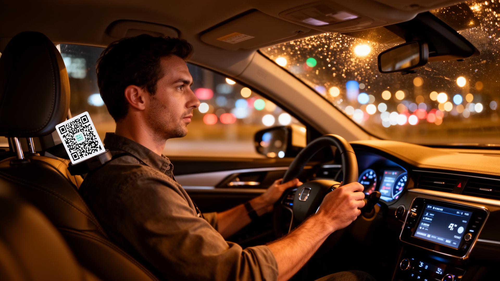 Rideshare driver showing branded QR tip card to a passenger
