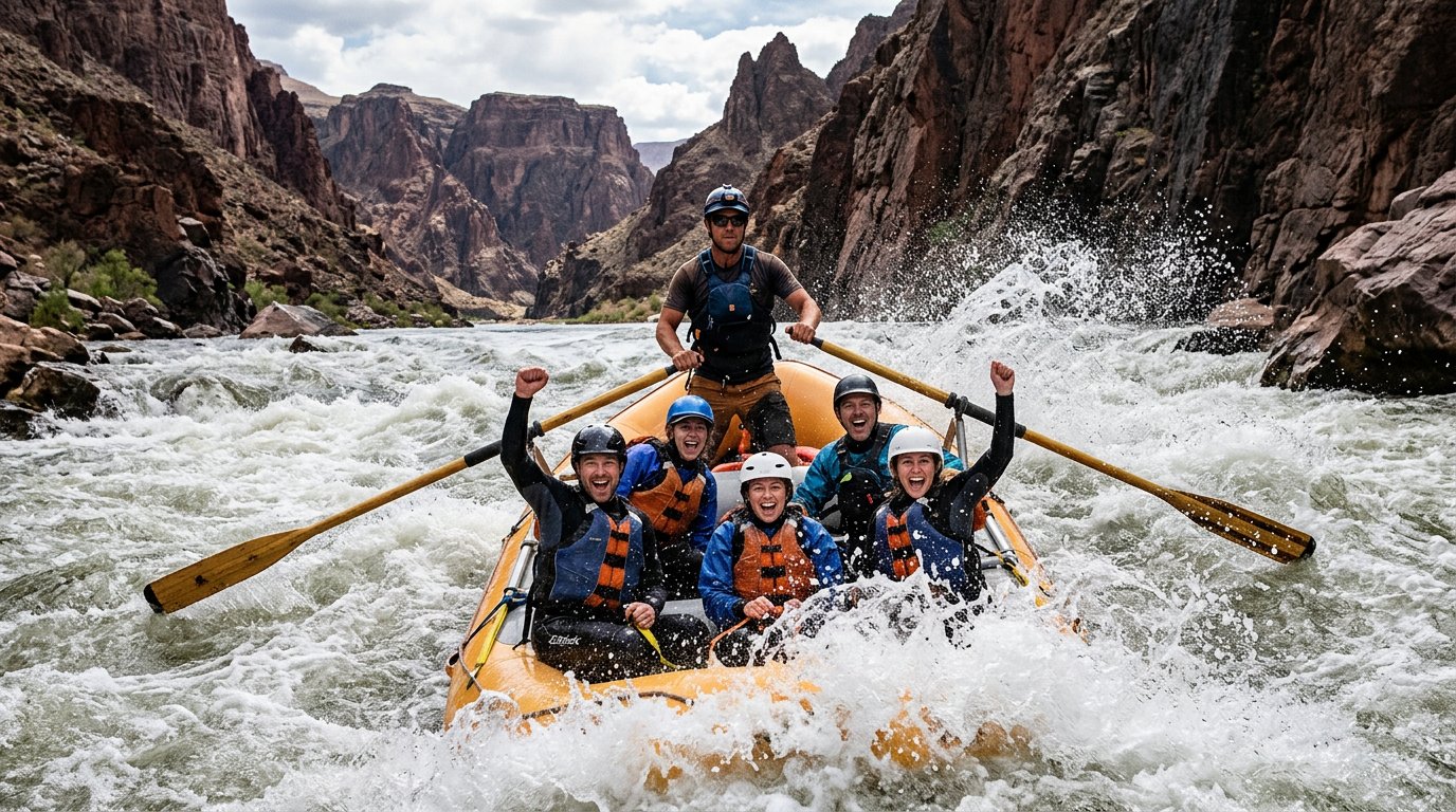Professional river guide skillfully steering an oar raft through white water rapids in a deep canyon while smiling passengers cheer.
