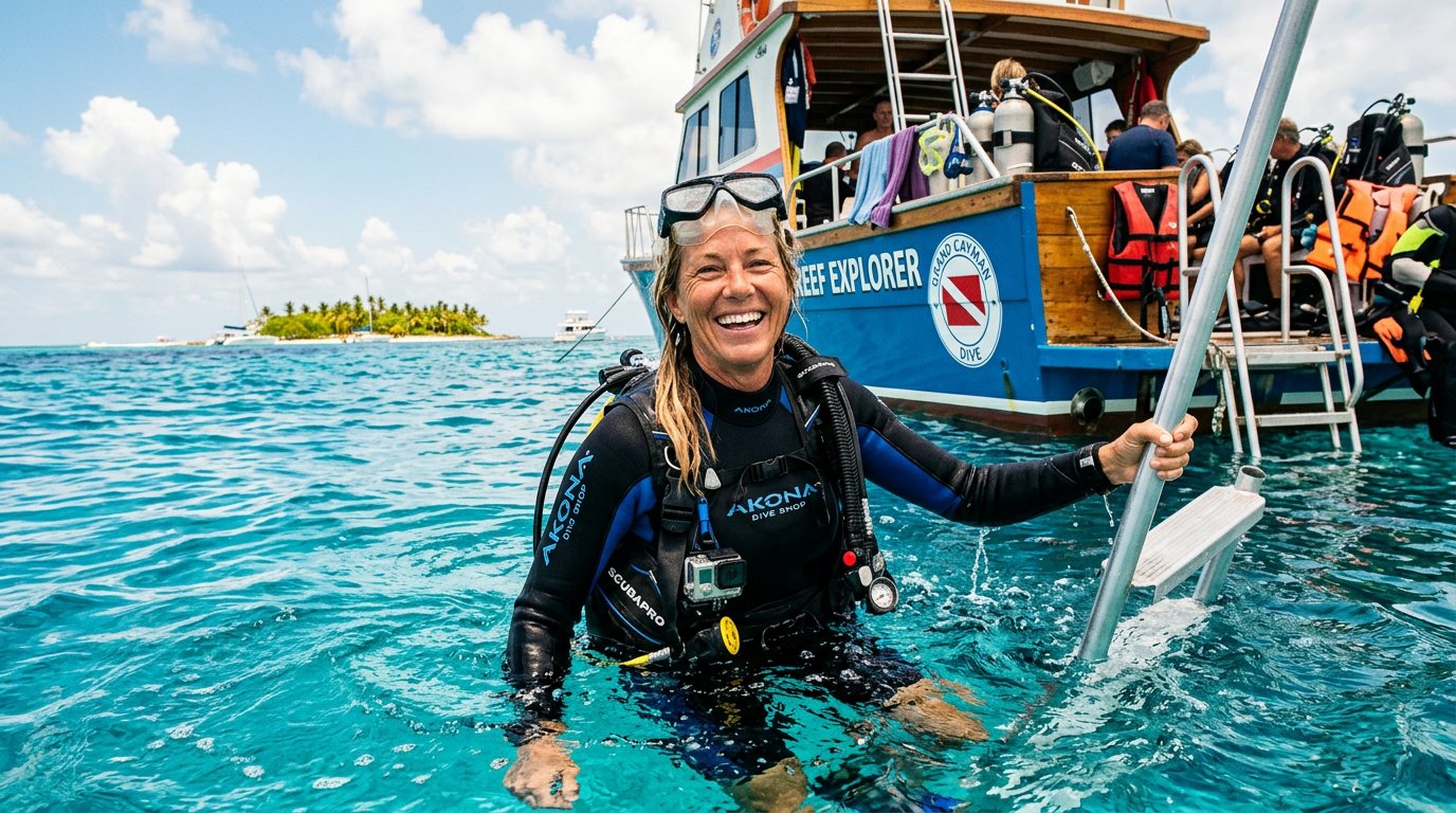 A smiling scuba divemaster surfacing in turquoise Caribbean water next to a tropical dive boat under a bright, sunlit horizon.