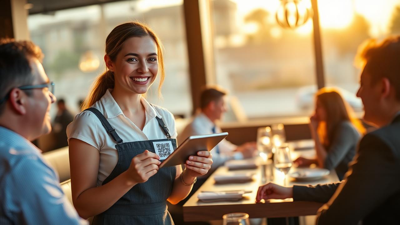 Friendly female server in a modern restaurant holding a small card with a QR code to accept digital tips at golden hour