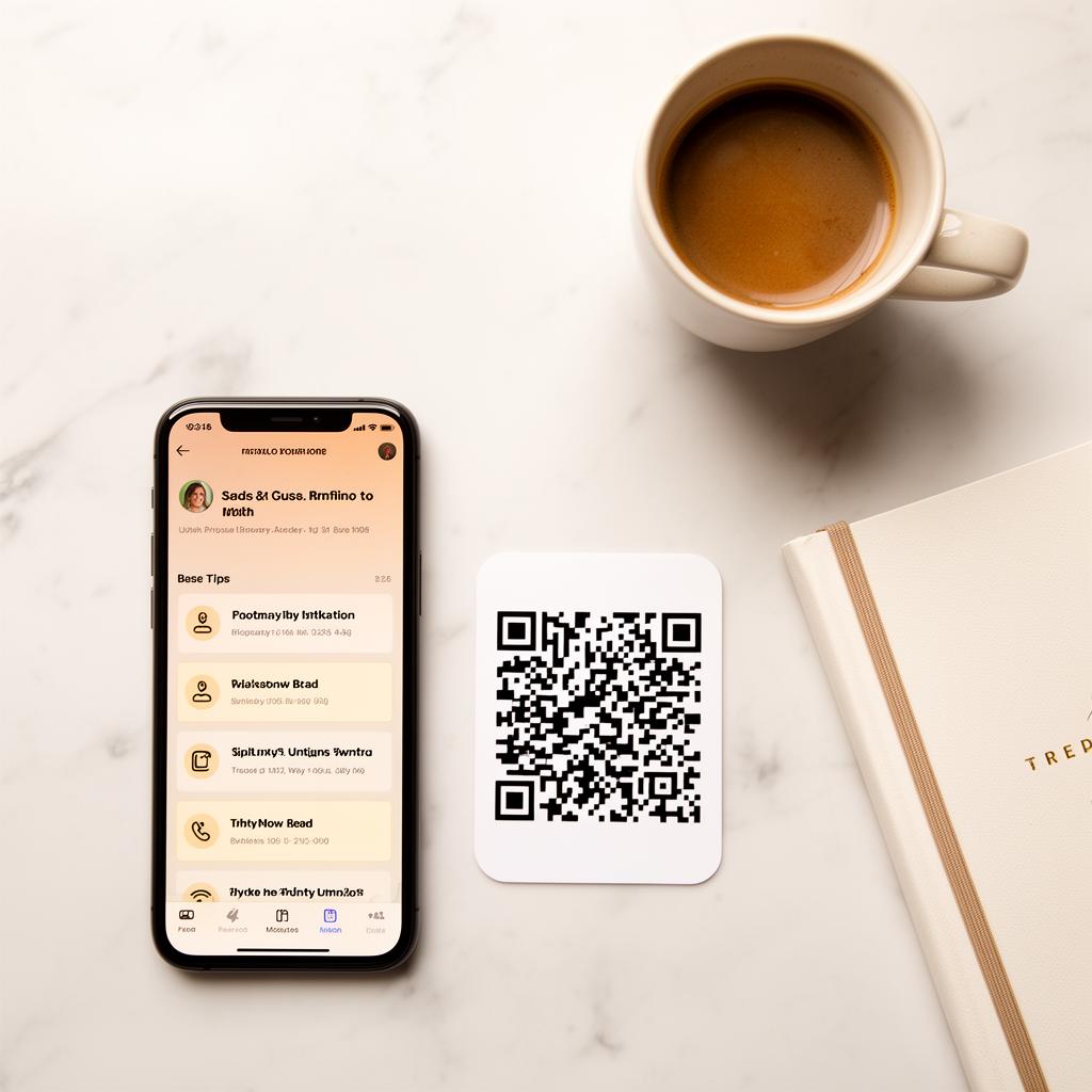 Flat lay of a smartphone showing a tip page interface next to a printed QR code card and coffee cup on a marble desk