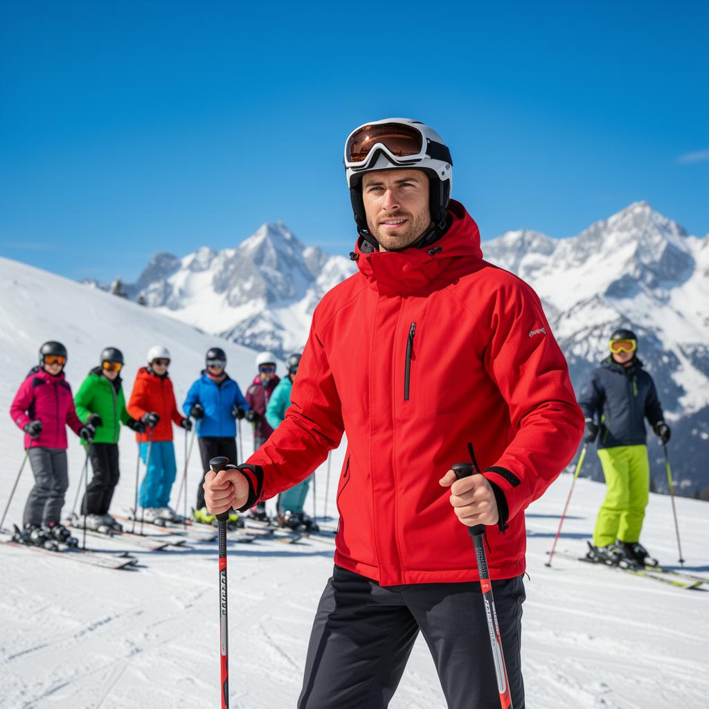 Ski instructor in red jacket standing on snowy mountain slope with ski students in the background
