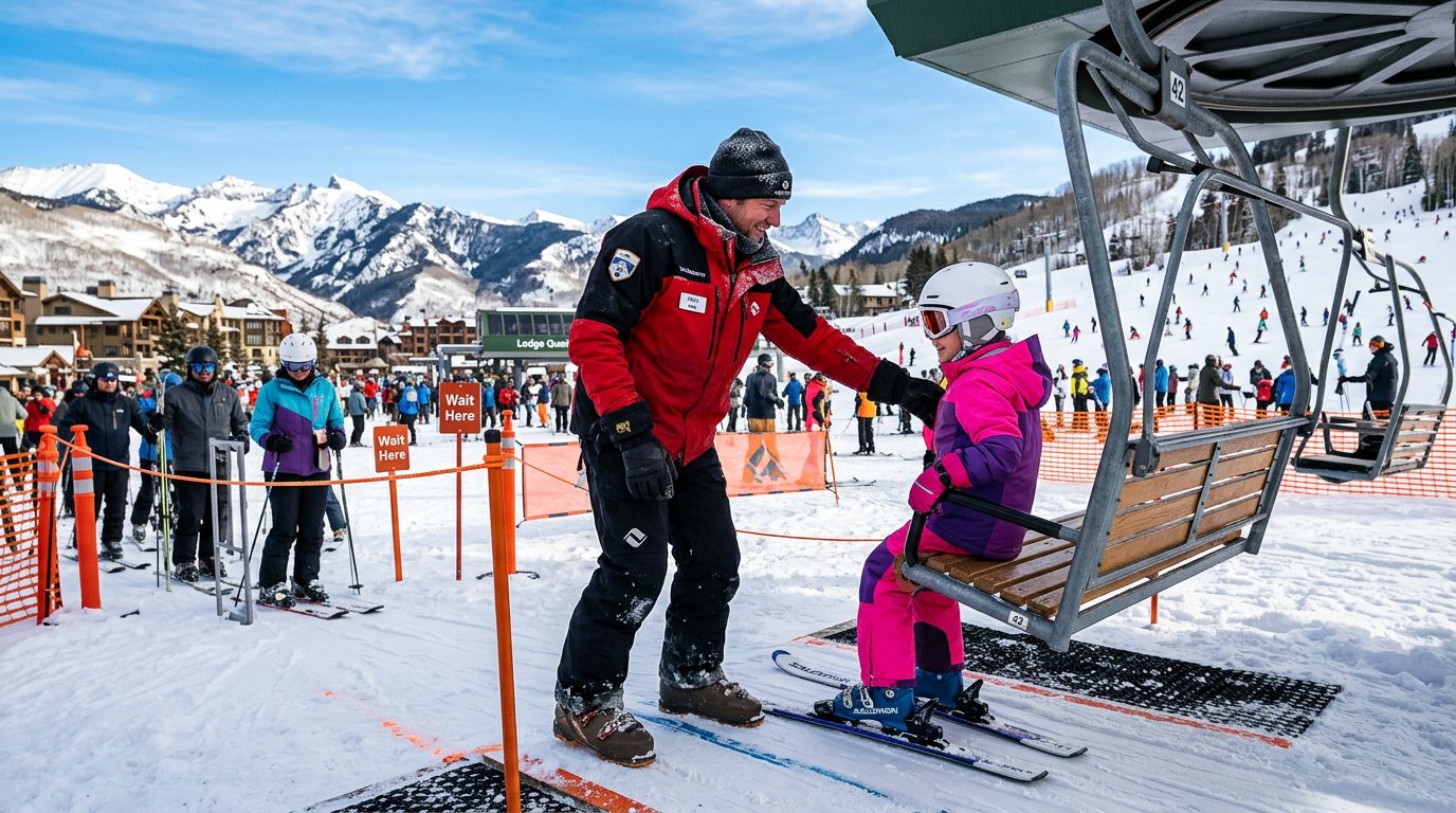 A friendly ski lift operator in winter gear assists a young skier boarding a chairlift on a bright, snowy morning at a busy resort.