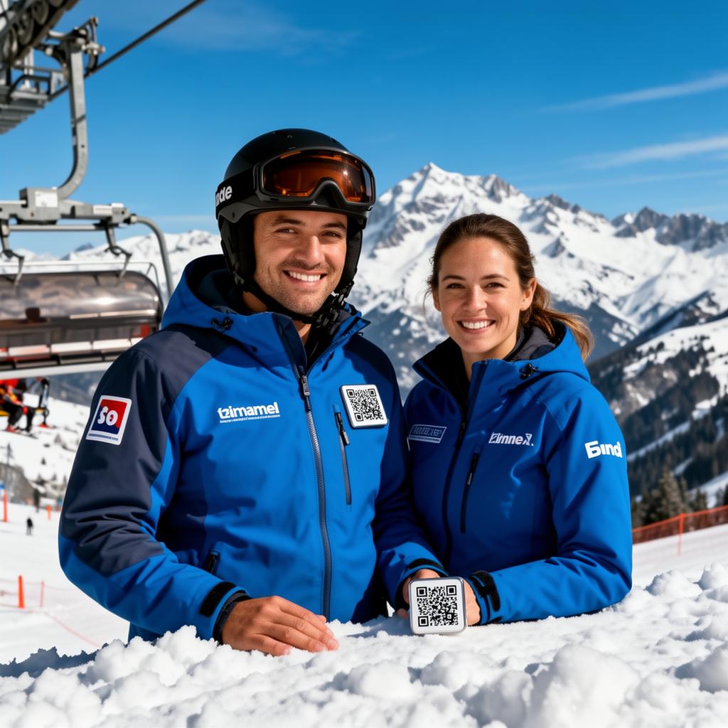 Ski resort lift operator and ski instructor team with branded QR pins at sunny mountain summit