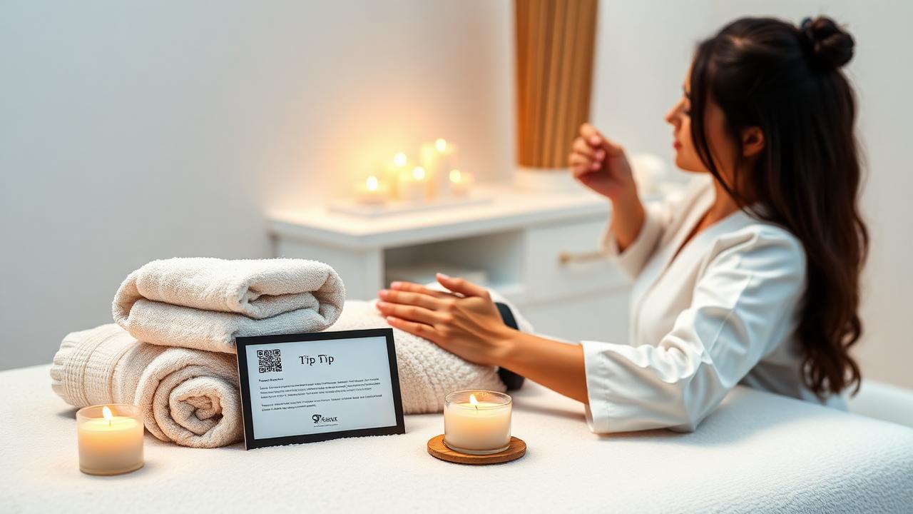 Spa esthetician preparing a facial in a clean treatment room with rolled towels, candles, and a small tip card with a QR code