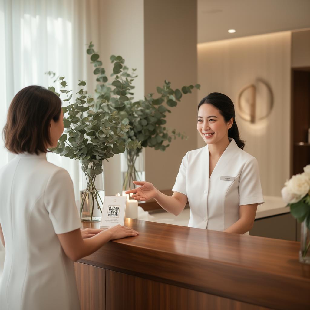 Luxury spa receptionist welcoming a guest with a branded QR card at the counter