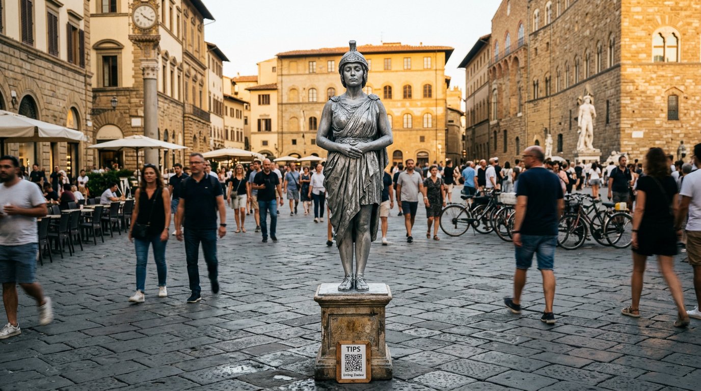 Silver-painted living statue performer in a frozen pose on a sunny cobblestone plaza with a digital QR code tip sign on the pedestal.
