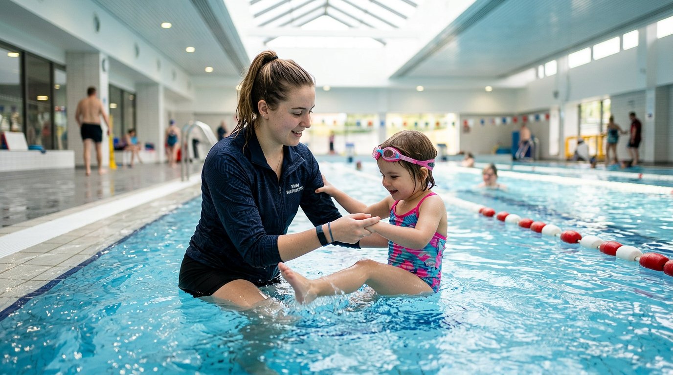 A patient young swim instructor teaching a small child to float in a bright, sunlit indoor pool with sparkling blue water.