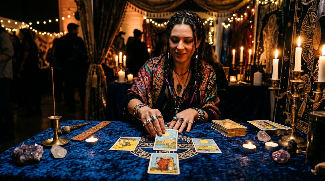 Professional tarot reader in a moody, jewel-toned booth laying out cards on a velvet table during a candlelit event.