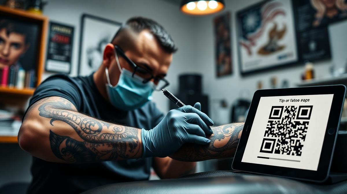 Tattoo artist working on a detailed arm tattoo in a modern studio with a QR code tip page on a tablet nearby