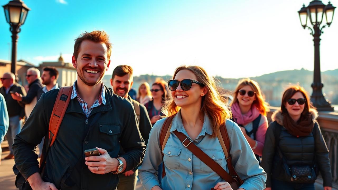 Tour guide leading a group through a scenic location with a QR code badge for digital tipping
