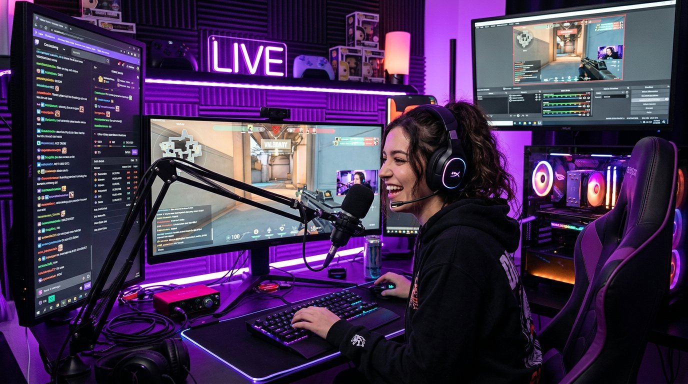 Professional Twitch streamer at a glowing RGB-lit gaming setup with neon purple ambient light and multiple monitors during a live broadcast.
