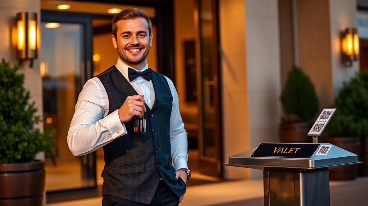 Valet driver handing car keys to a customer at a luxury hotel entrance with a QR code sign on the podium