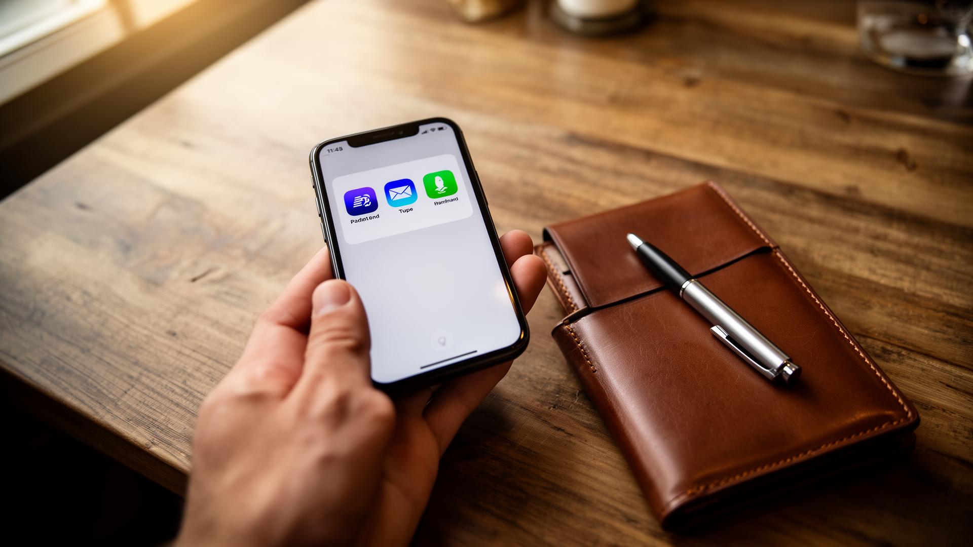 Service worker's hands holding a smartphone showing Venmo, Cash App and PayPal payment app icons on a wooden restaurant table