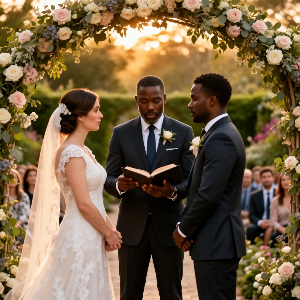 Wedding officiant performing an outdoor ceremony under a floral arch with a couple and guests in golden hour light