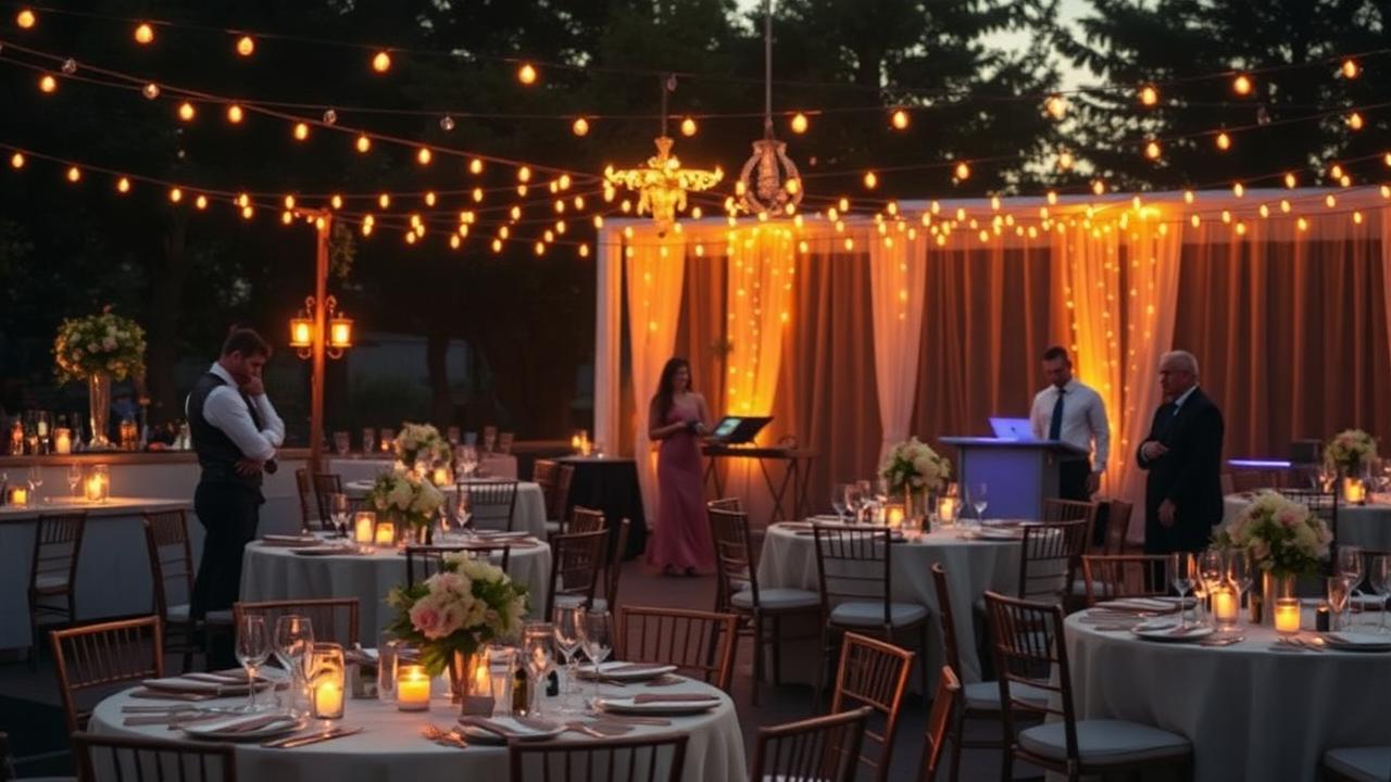 Elegant outdoor wedding reception at golden hour with string lights, florals on tables, a bartender, server, and DJ working the event