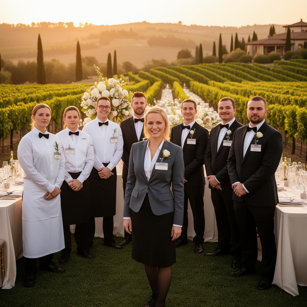 Wedding venue coordinator and banquet team in front of vineyard setup at golden hour