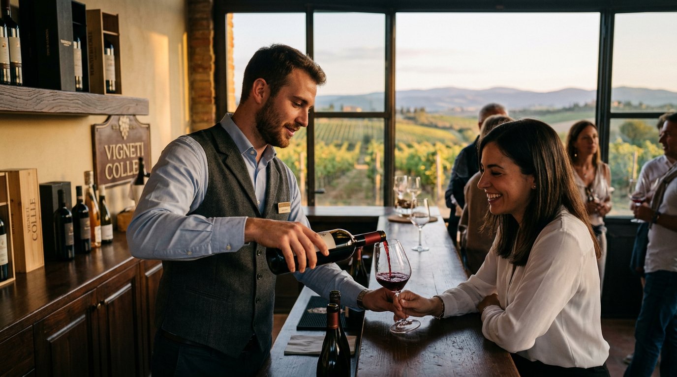A professional sommelier in a vest pours red wine for a guest at a vineyard tasting bar with golden hour vineyard views in the background.