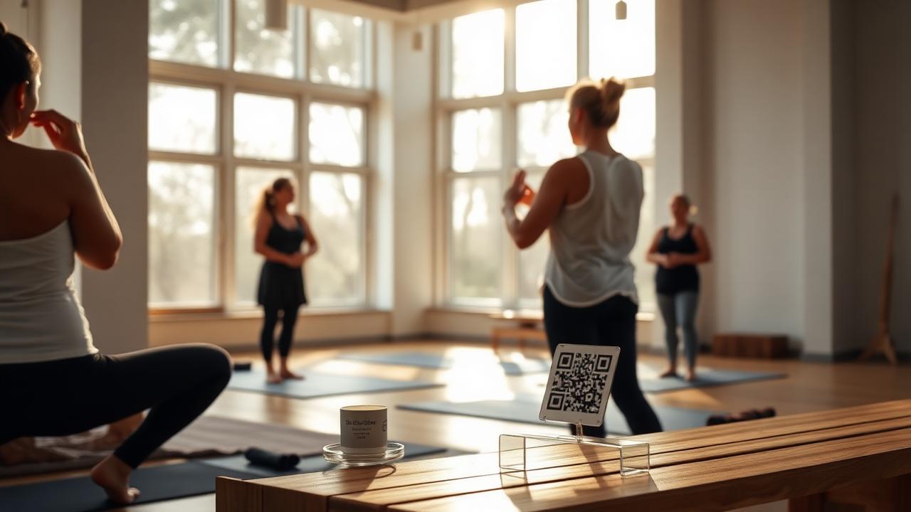 Yoga instructor leading a small class in a sunlit modern studio with a QR code tip card on a wooden bench in the foreground